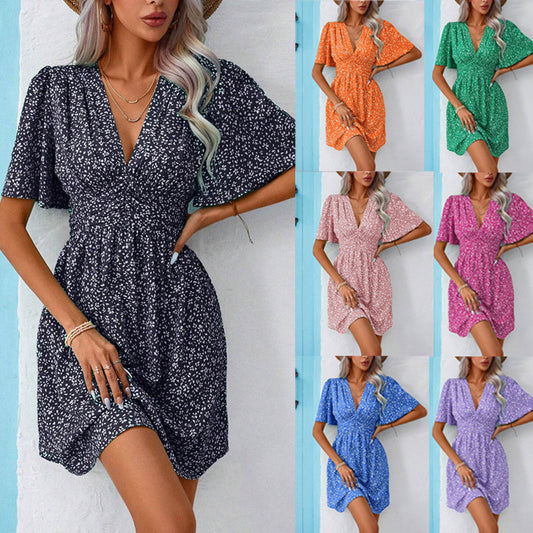 2025 European and American Amazon cross-border women's summer new V-neck mid-sleeve printed high-waisted floral pleated dress