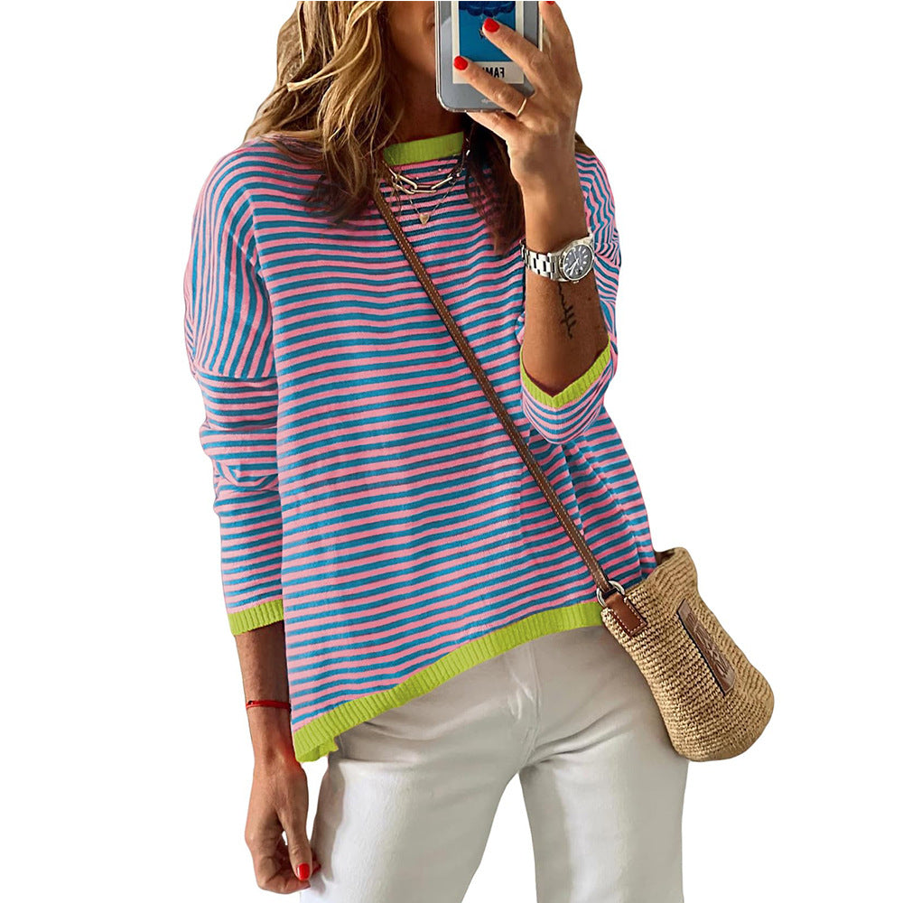 2024 autumn and winter new cross-border European and American women's Amazon women's round neck striped contrast long-sleeved casual sweater