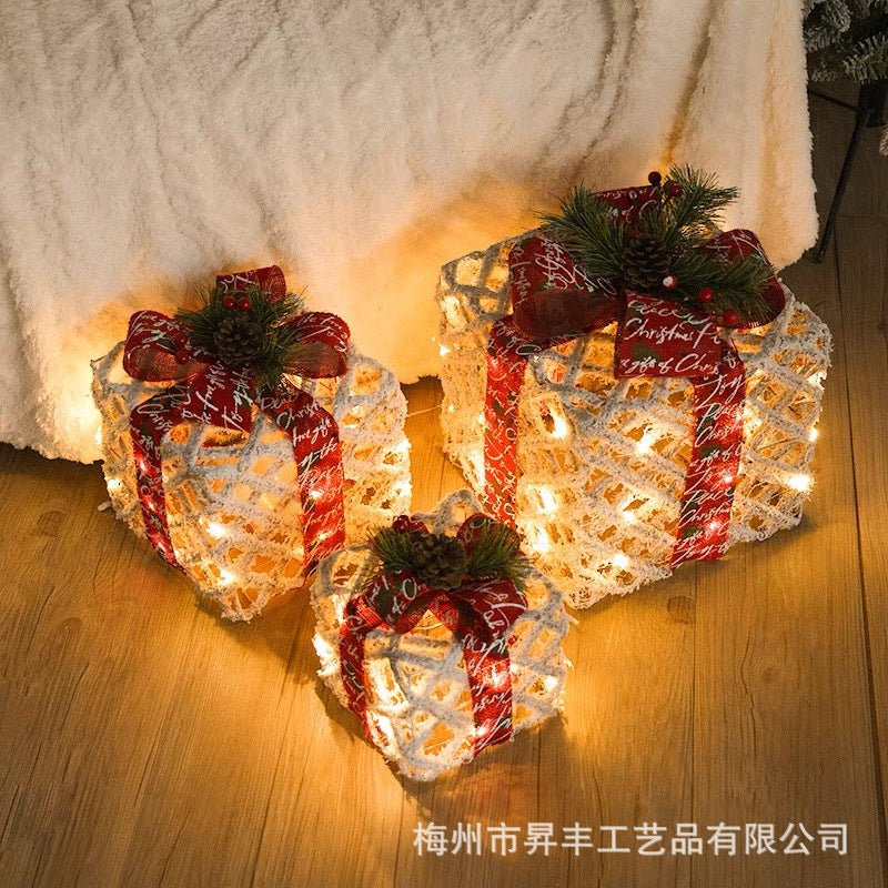 2023 New Cross-border Supply Luminous Three-Piece Christmas Decoration Box Christmas Wrought Iron Ornaments Flocking Gift Box