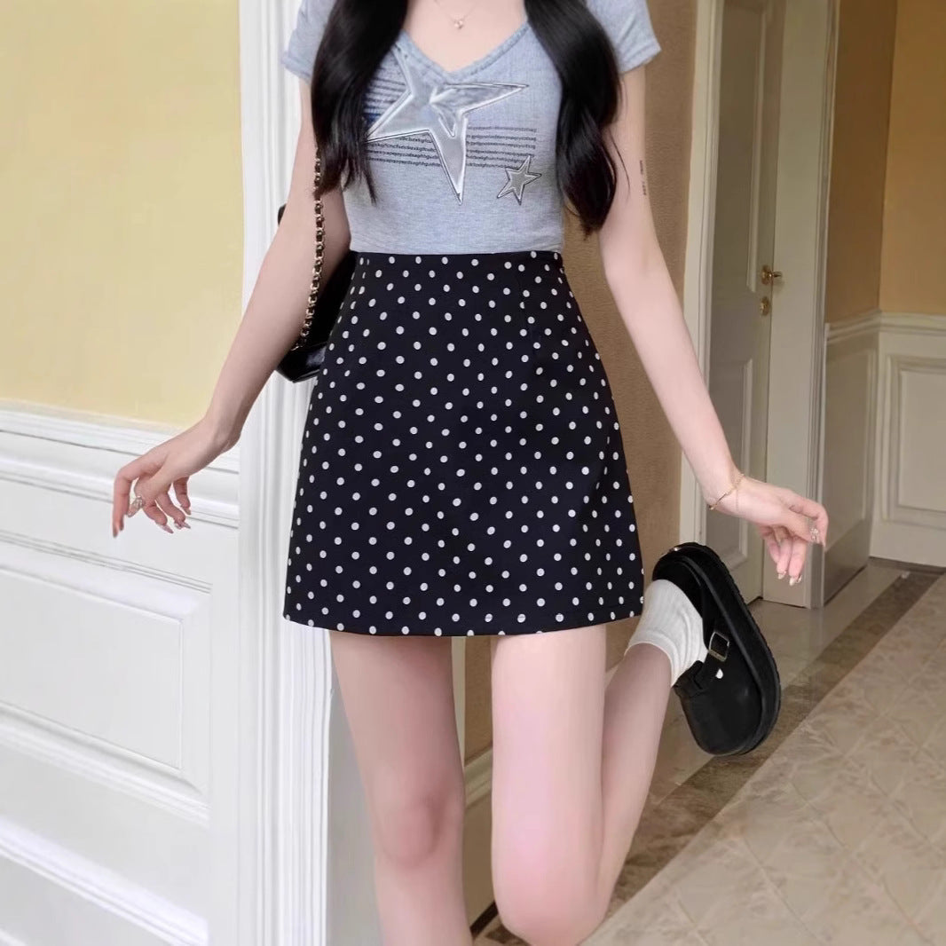 Jane Manni polka dot skirt, summer casual and versatile, hip skirt, female hottie, high waisted A-line skirt, suit short skirt