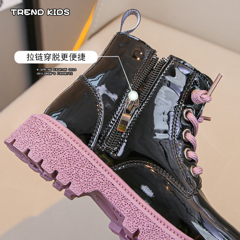 Girls' Martin boots shiny autumn and winter plush leather boots medium and big boy baby boots zipper princess boots women's sequin design