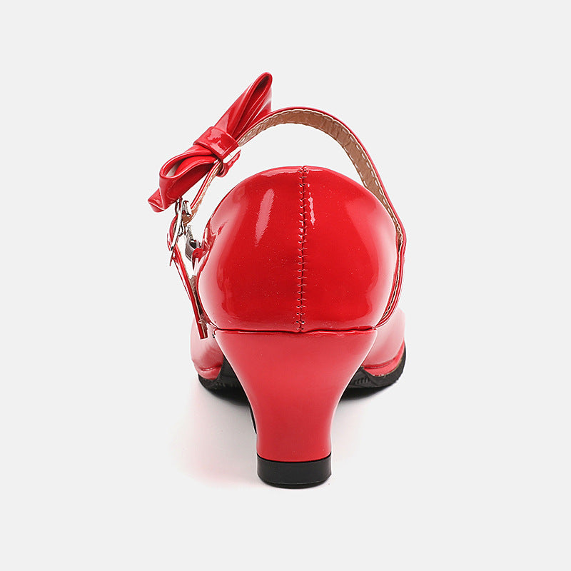 Girls' small leather shoes, children's high heels, spring 2025 new little girls' princess shoes, foreign bows, middle and big children