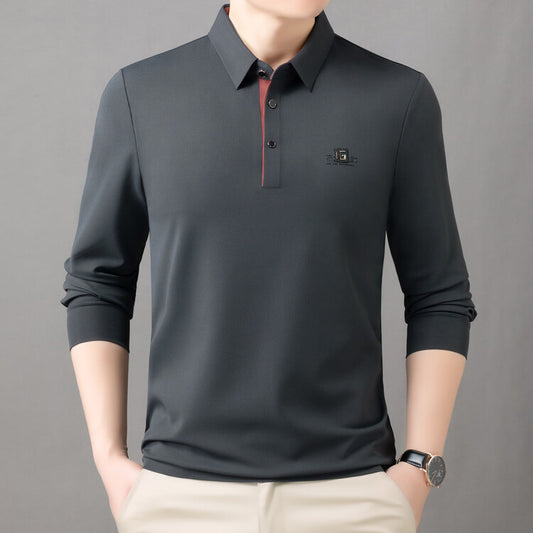 2025 Spring and Autumn Men's Polo Long Sleeve T-Shirt Simple Business Casual Loose Middle-Aged Dad Wear Top Base Shirt