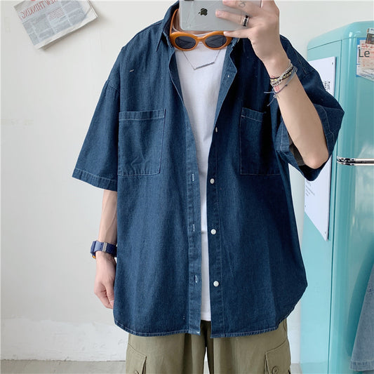 Summer new 5 minutes short sleeve denim men's shirt korean couple loose half sleeve short sleeve shirt men's spot batch