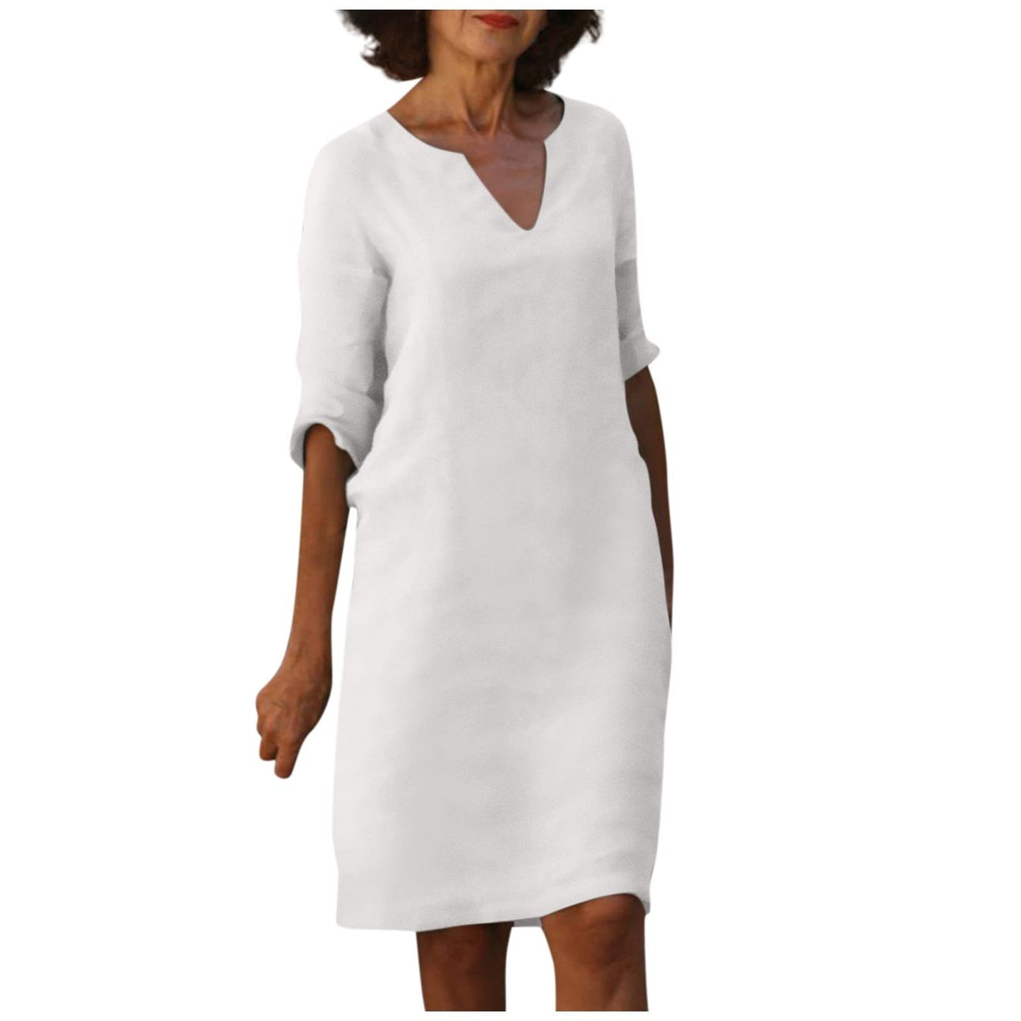 Amazon European and American cotton and linen V-neck stitching retro high-waisted solid color three-quarter sleeve dress cotton and linen wash crinkled fabric