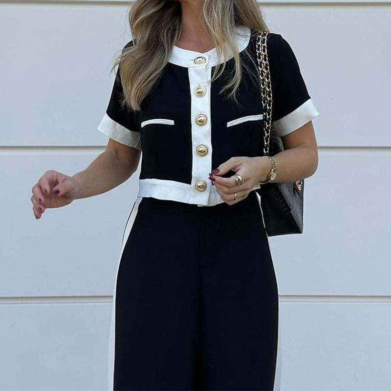 Spot 2024 Autumn Winter New Cross Border Women's Fashion Commuter Short Sleeve Cropped Top Straight Leg Pants Set of 2
