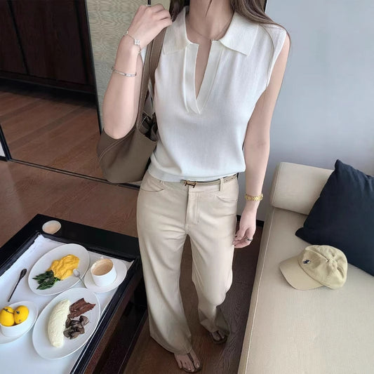 2025 New Old Money Wind Vest Women's Polo Neck Sleeveless Top Casual Grey Short Sleeve