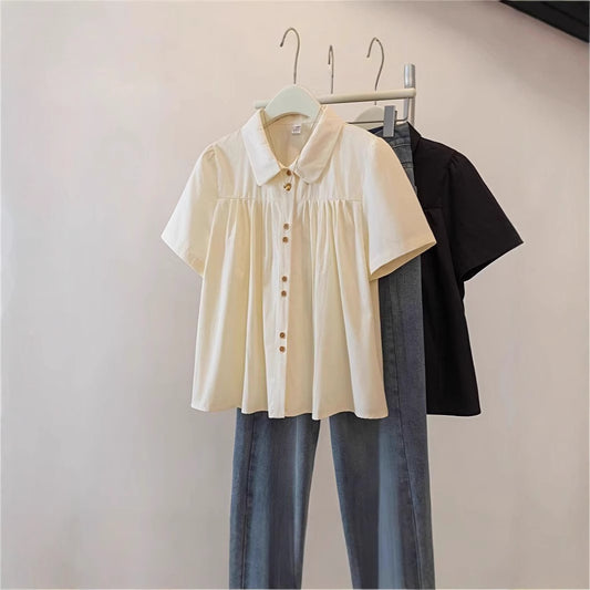 Plus Size Women's French Short Sleeve Shirt Summer 2025mm New Slim Slightly Chubby Flesh Covering Blouse Short