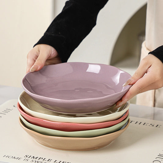 Hand-kneaded pattern cream wind series 8 inch deep dish household round dinner plate Simple solid color large-capacity ceramic plate fruit plate