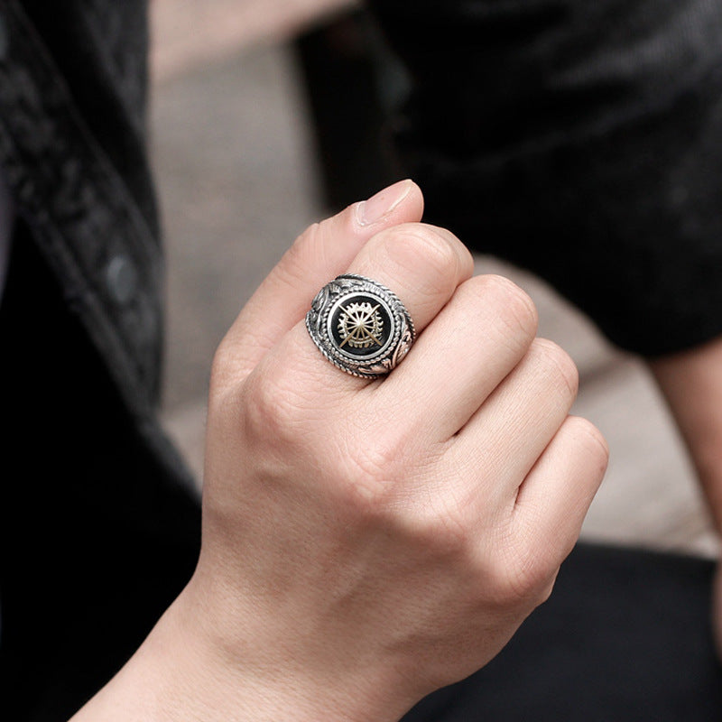 Chiba S925 Thai silver ring men's personality hip hop vintage golden glow European gourmet ring single ring Ziba