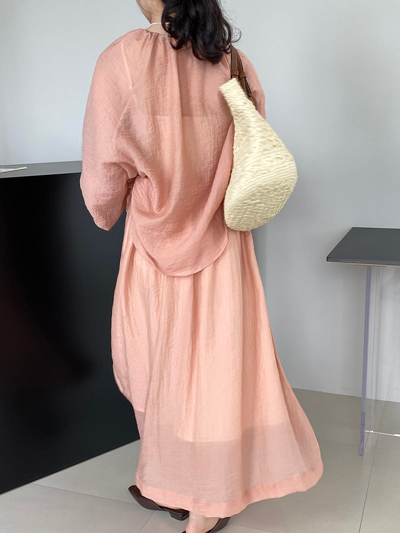 Jiangzuo [Jasmine Sweet Tea] Romantic Texture Wrinkle Sunscreen Slightly Translucent Shirt + Large Swing Skirt Pink Suit 110
