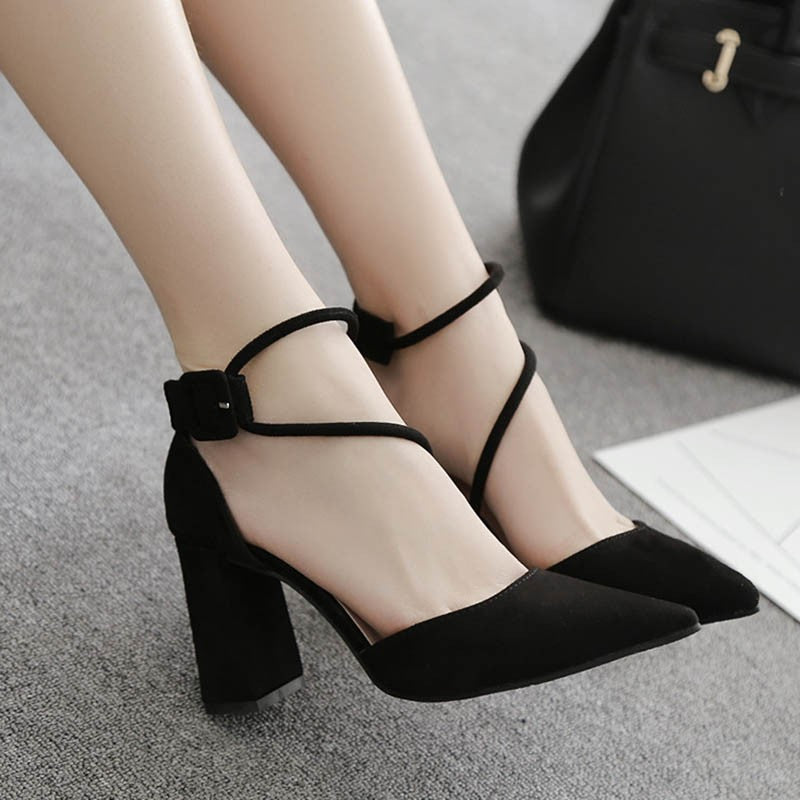Thick heel high heels women's 2024 spring new Korean version of versatile women's shoes black pointed toe buckle single shoe women