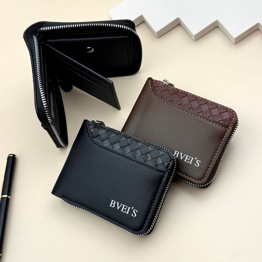 2024 new cross-border wallet men's short horizontal zipper wallet, bi-fold coin wallet, woven pattern stitching wallet