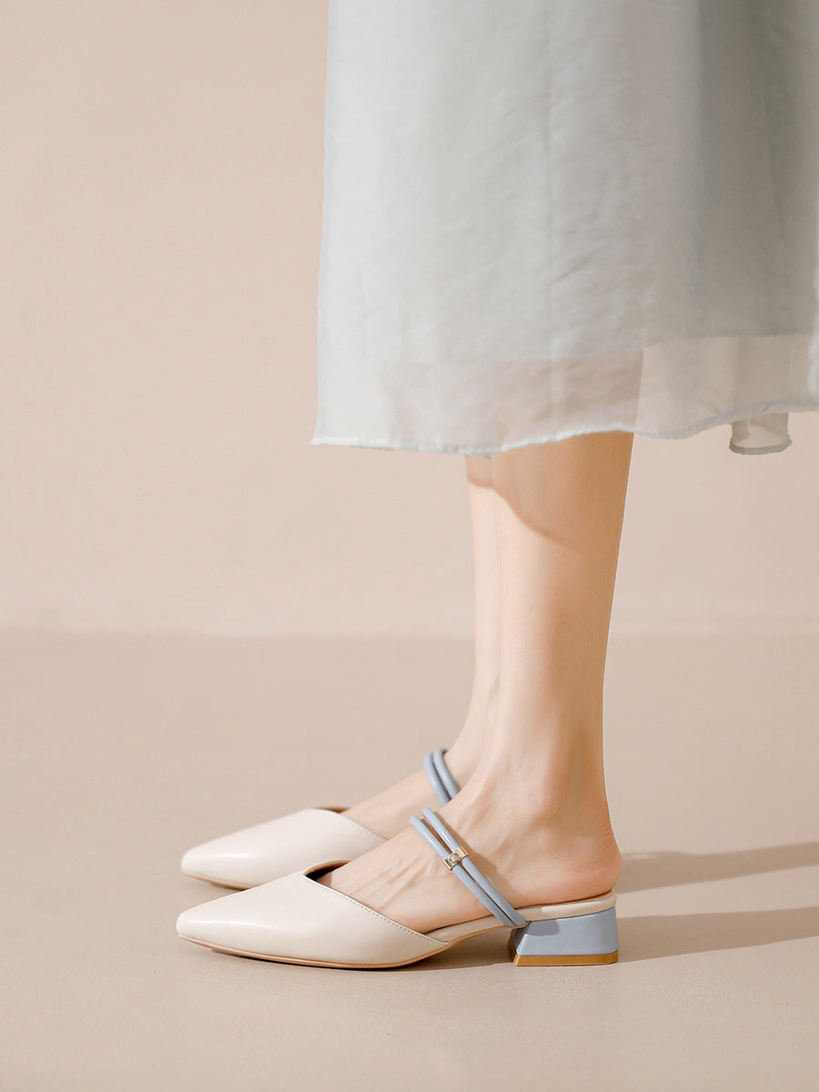 Baotou sandals women's summer 2025 new pointed toe block heel semi-drag fairy style wear flat slip-on single shoes