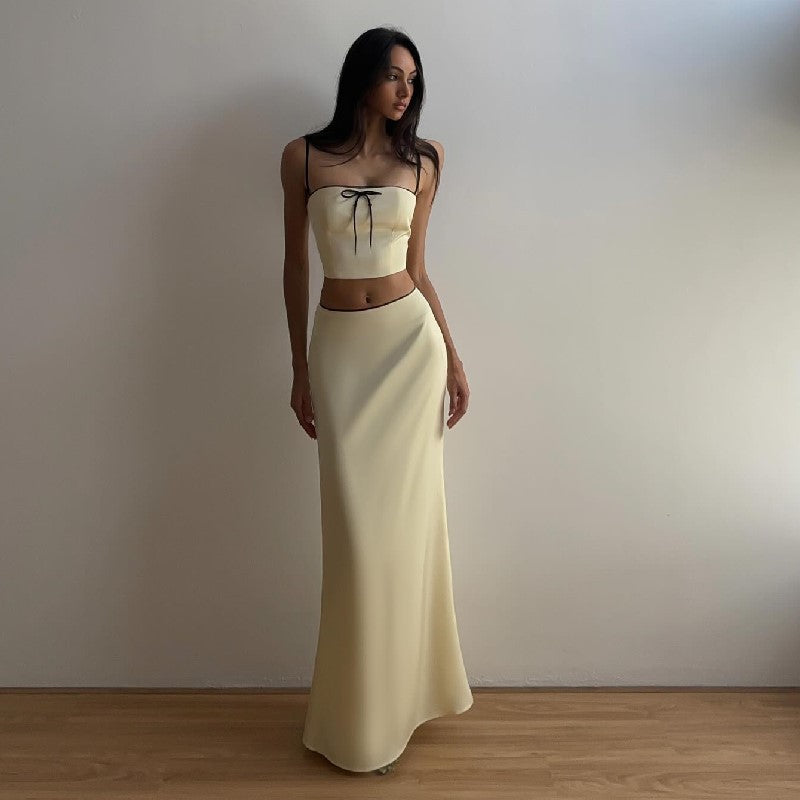 European and American foreign trade 2024 spring new sweet lace-up camisole small vest sexy lace long skirt suit women