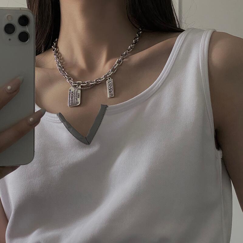 Simple square card pendant letter hip hop necklace women's summer cold wind double layered decorative clavicle chain accessories men