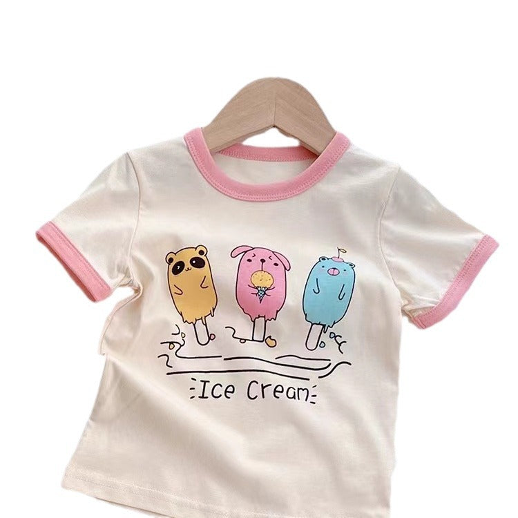 100% cotton girls short sleeve t-shirt cartoon print kids baby small kids loose and versatile top summer dress
