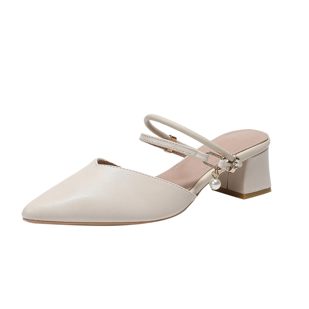 Sandals Women's 2024 Summer New Pointed Toe Single Shoes Thick Middle Heel Half Support Beautiful High Heel French Baotou Slippers