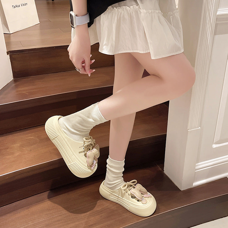 Cute bow lace hole shoes female summer students wear heightened thick-soled toe non-slip sandals indoors and outdoors