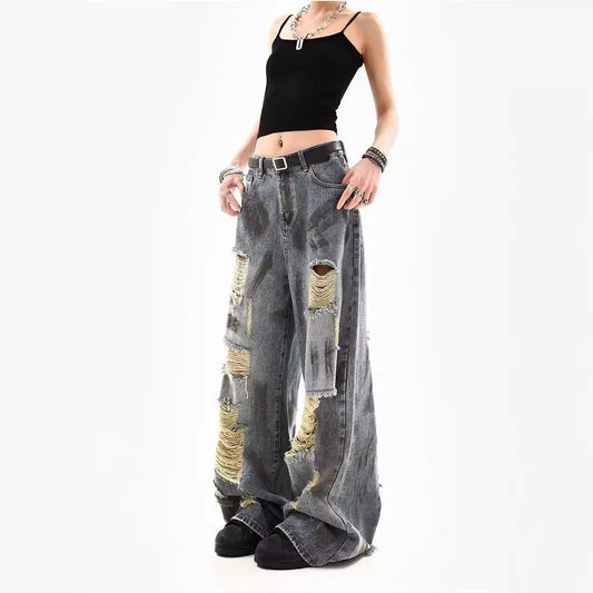 Wasteland style distressed retro ripped jeans women's 2024 summer new american loose drape wide-leg pants tide