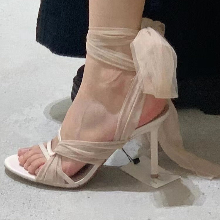 ZAZBLBQNRA WOMEN'S SHOES FAIRY STYLE STRAP UP NET CELEBRITY OPEN TOE HIGH HEEL SANDALS WOMEN'S SUMMER HIGH HEELS FRENCH SANDALS WOMEN