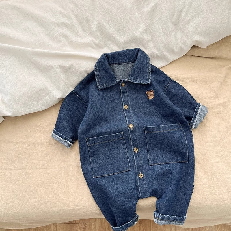 Baby onesies, spring and autumn denim bears, babies and toddlers, go out, hats, onesies, men's and women's baby climbing clothes