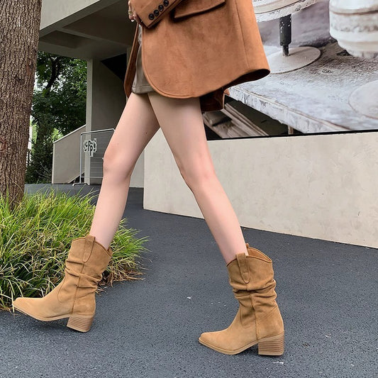 Boots women's mid-cut rider boots 2024 new martin shoes women's pointed toe block heel heeled boots look thin pile pile boots