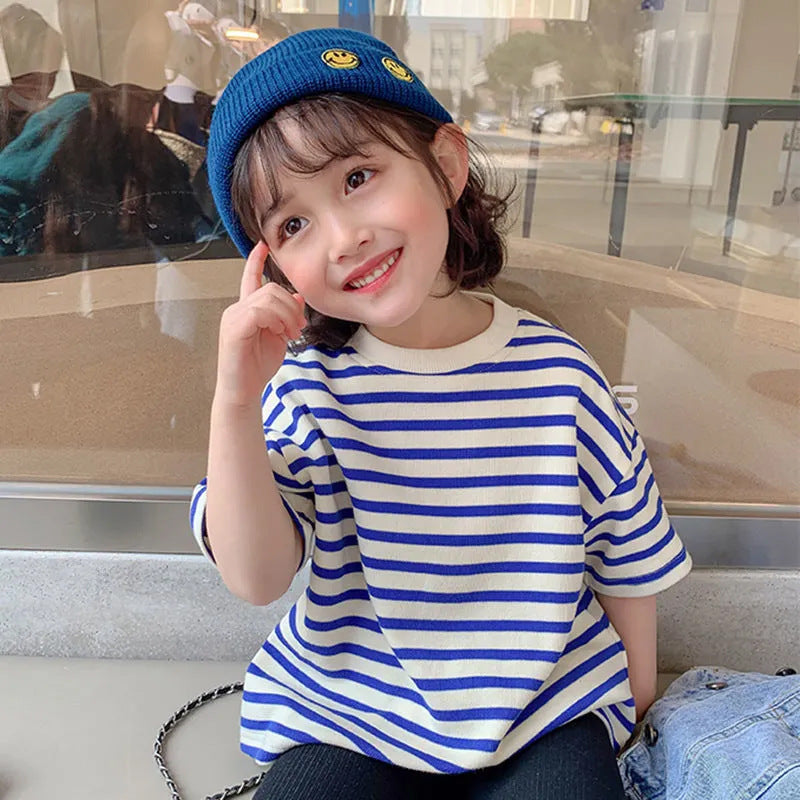 Factory direct sales children's cotton short sleeve T-shirt 2025 summer new girls boys striped half-sleeve one piece dropshipping