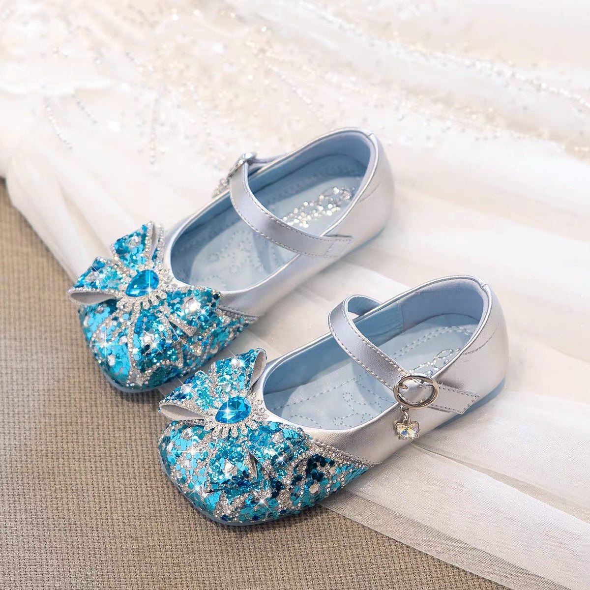 Girls' Princess Shoes 2025 New Spring/Summer Girls' Shoes Fashionable Small Leather Shoes Soft-Soled Girls' Autumn Blue Crystal Shoes