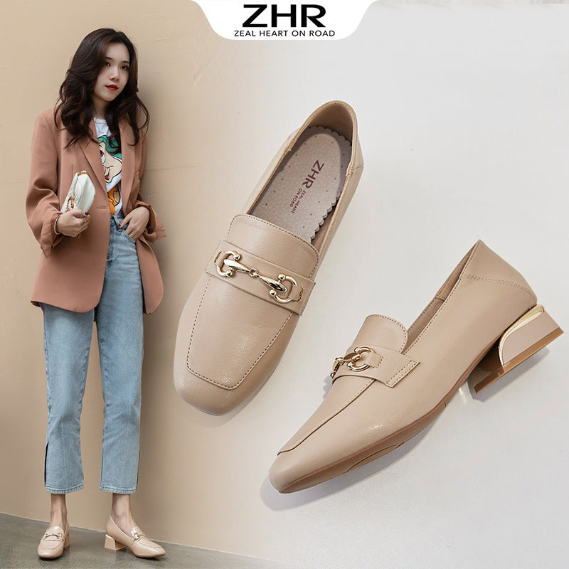 ZHR2023 spring and autumn new shoes, women's casual and versatile, square scalp shoes, slip-on shoes, block heels, work loafers