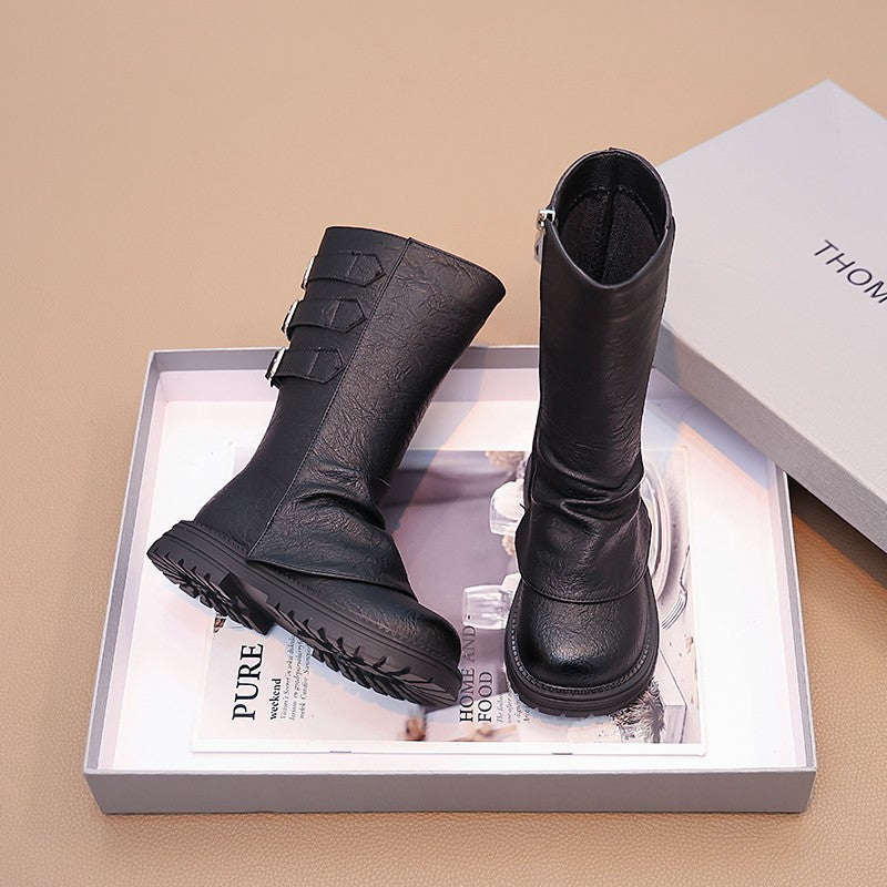 Girls' stacked shoes 2025 autumn and winter new Maillard children's Martin boots for little girls with leg and two cotton high boots