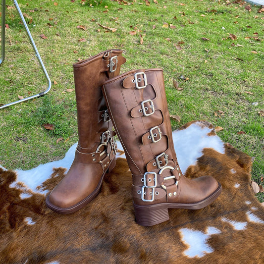 Belt buckle vintage high boots fashion boots women's boots wholesale new boots block heel western boots increase height leather boots