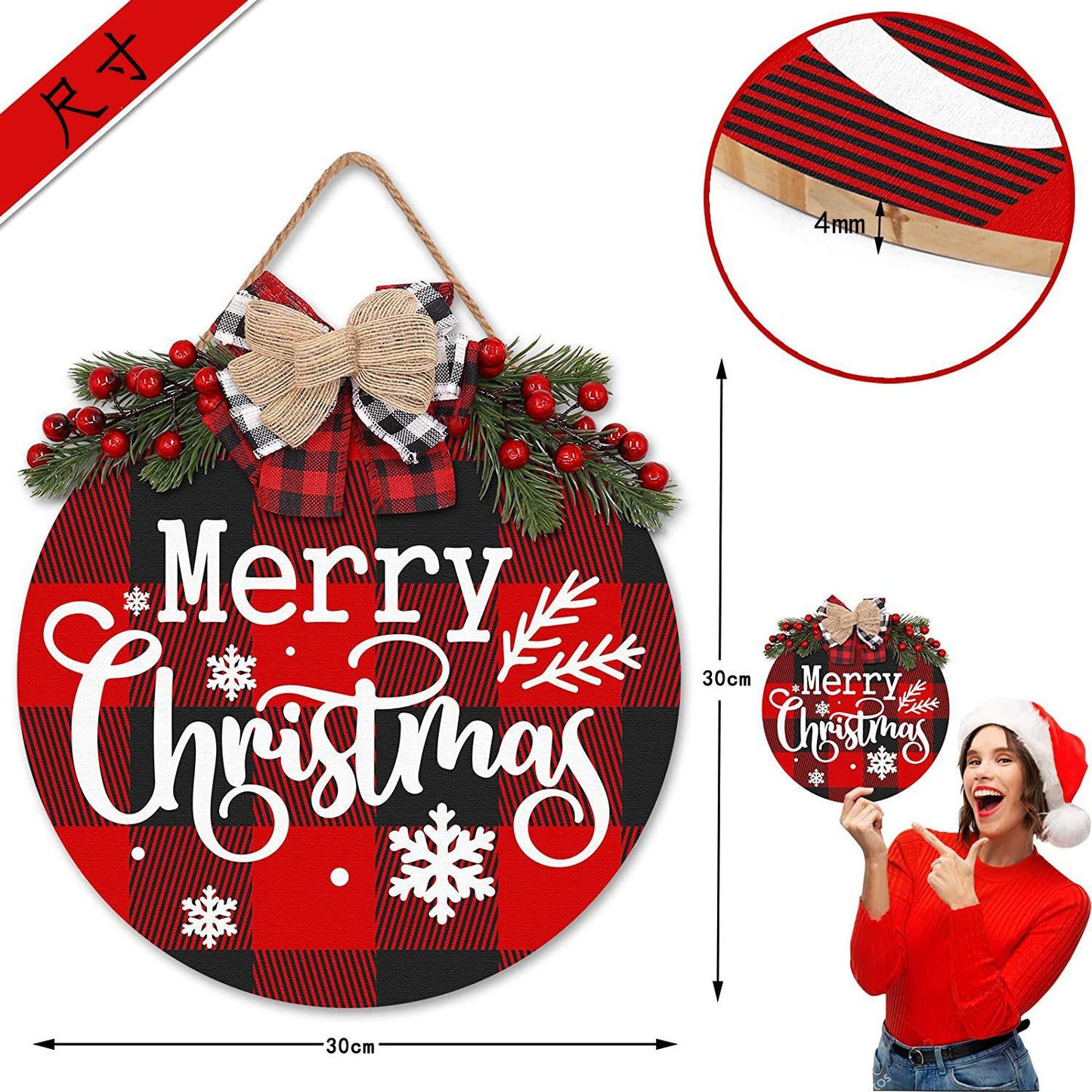 Cross-border American Christmas wooden welcome door simulation leaf bow decoration garland christmas door knocker