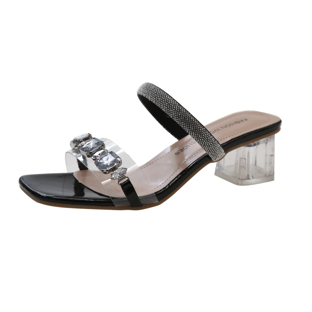 Size 35-42 Large Size Women's Shoes High Heel Rhinestone Sandals Women's Summer Wear Temperament Sheer Heel Block Heel Slippers 41