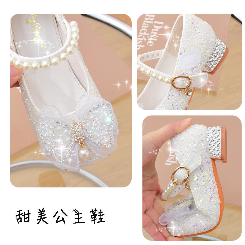 Girls' high heels 2026 new children's single shoes in the middle of the big boy princess shoes show leather shoes and soft-soled crystal slippers
