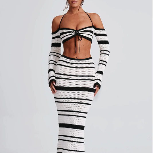 2025 New European and American Cross-border Babes Women's Suit Summer Stripe Long Sleeve Halterneck Top Skirt Two-Piece Women's