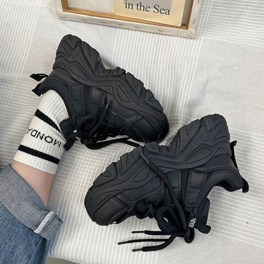 Heightened thick-soled dad shoes women's spring mesh breathable and versatile 2025 new popular Hong Kong style solid color sports women's shoes