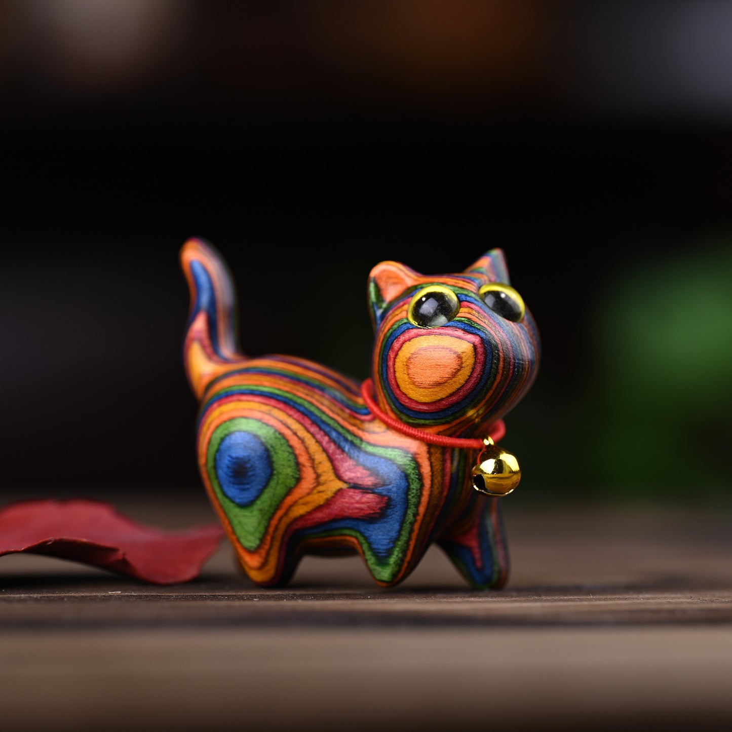 Rainbow wood carving cute cat handle piece rainbow tilted head kitten mini tabletop ornament crafts home ideas