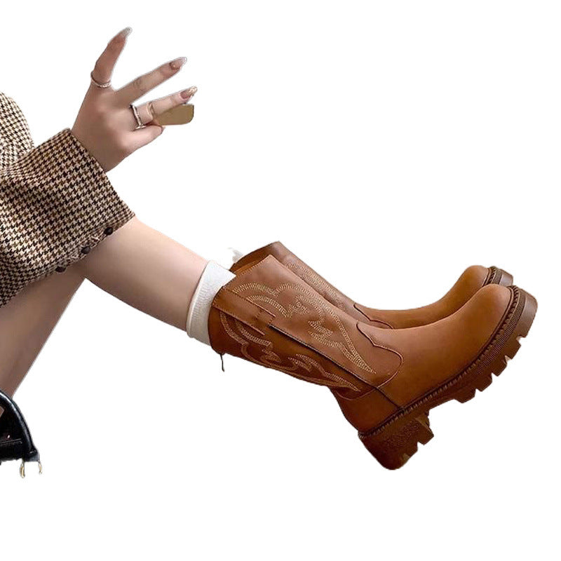 Retro soft leather platform soled versatile western cowboy boots small man kawanishi travel boots autumn and winter women's martin boots