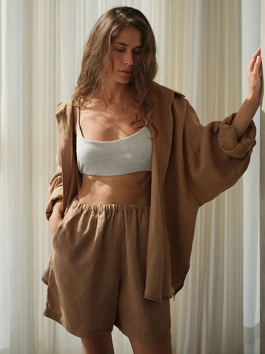 Cross-border shirt set Europe and the United States 2025 summer new women's vacation casual loose long-sleeved shirt + shorts set