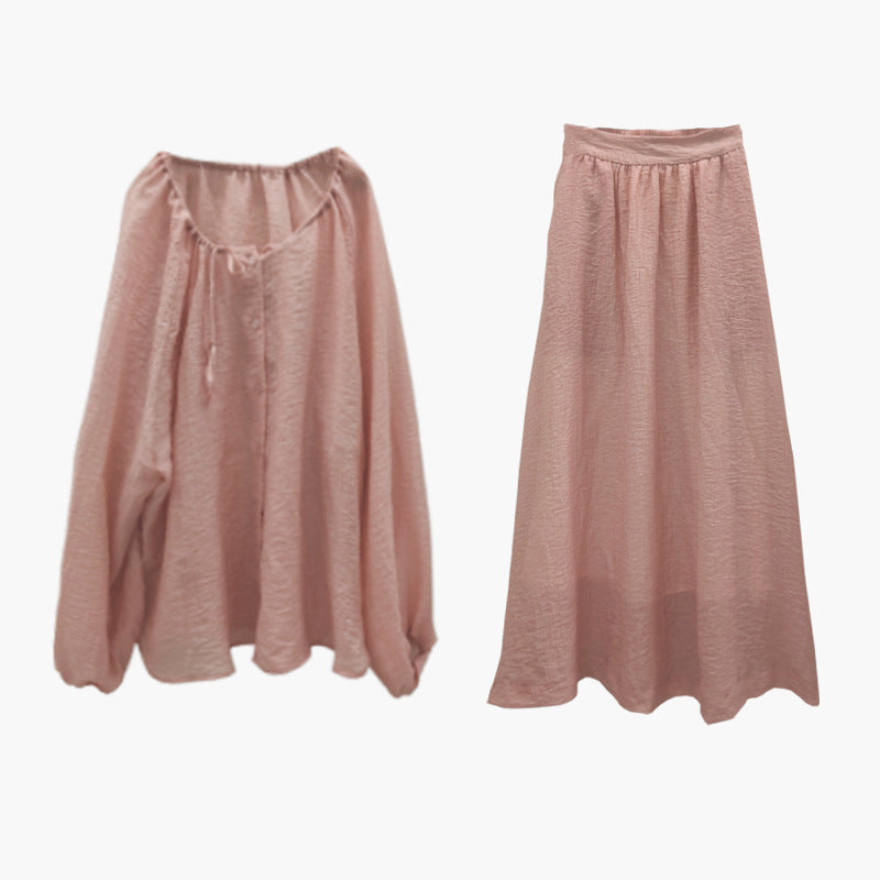 Jiangzuo [Jasmine Sweet Tea] Romantic Texture Wrinkle Sunscreen Slightly Translucent Shirt + Large Swing Skirt Pink Suit 110