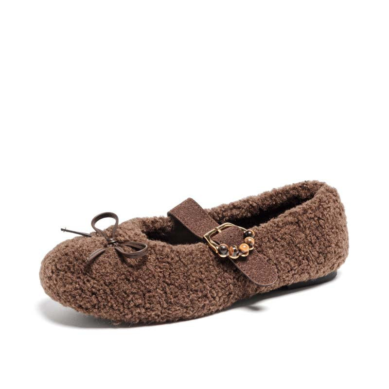 9727 Korean bow cashmere wool shoes women's 2025 autumn and winter new flat one-button Mary Jane shoes