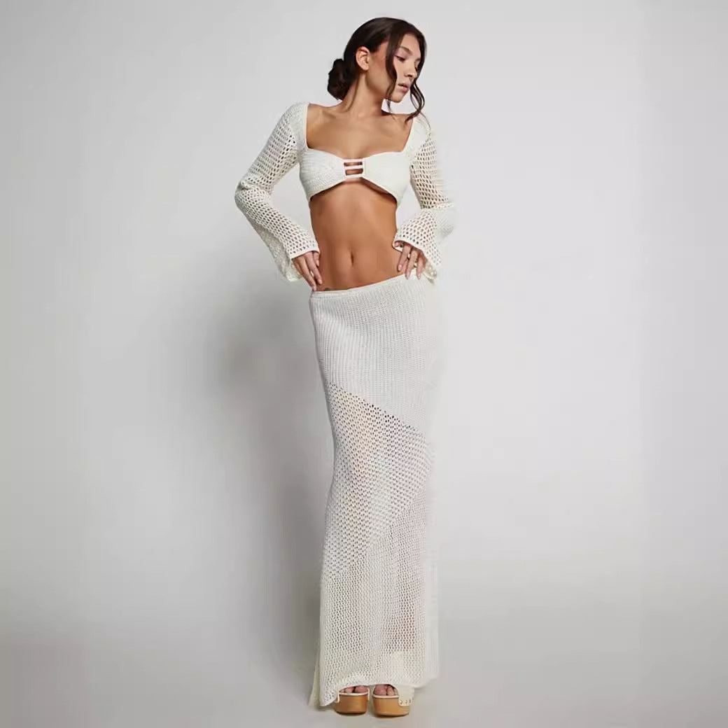 European and American cross-border summer 2024 women's new tethered long-sleeved hip casual knitted long skirt set
