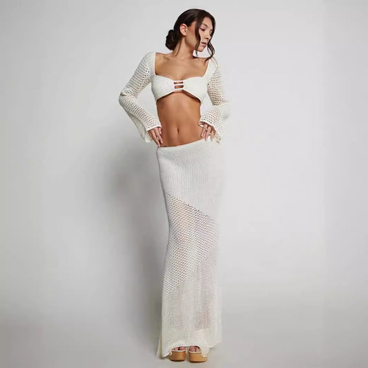 European and American cross-border summer 2024 women's new tethered long-sleeved hip casual knitted long skirt set