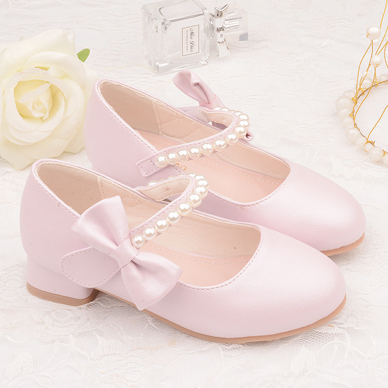 Children's shoes factory wholesale children's leather shoes white bow spring and autumn girls high-heeled princess shoes pearl tide shoes