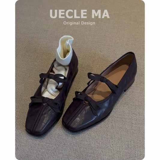 Sheepskin ~ Genuine Leather French Ballet Shoes Women's Soft Sole with Skirt Vintage Mary Jane Shoes Bow Flat Shoes