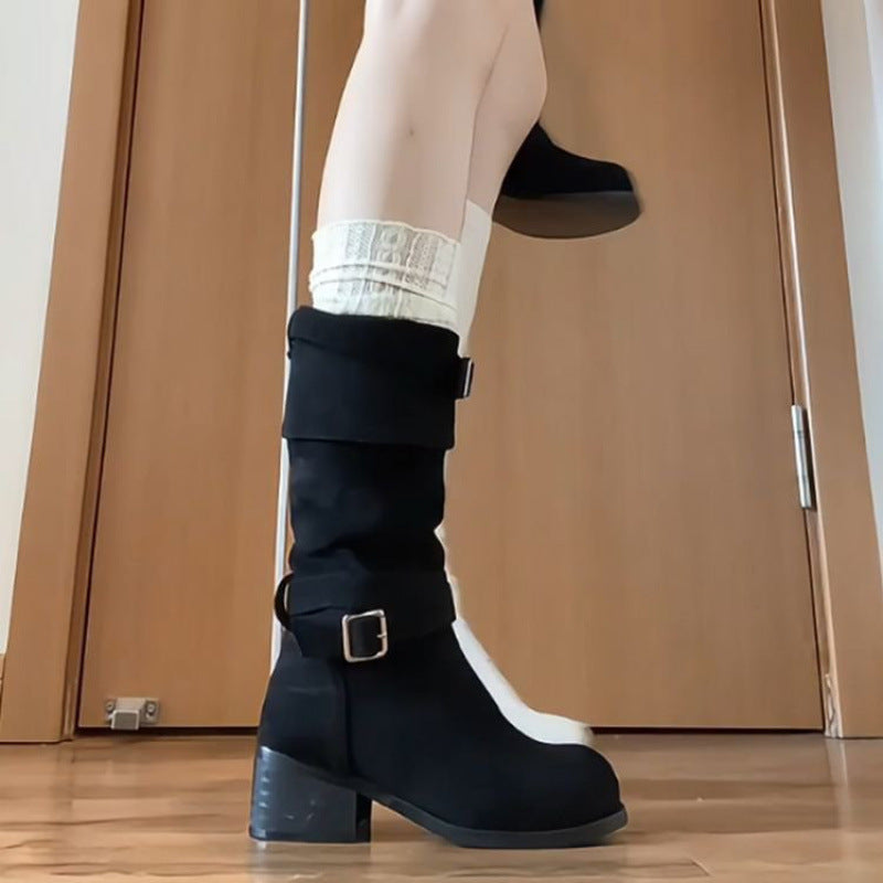 Cowhide version ~ western cowboy boots, women's belt buckle boots, but knee pile boots, thick heel slim knight boots