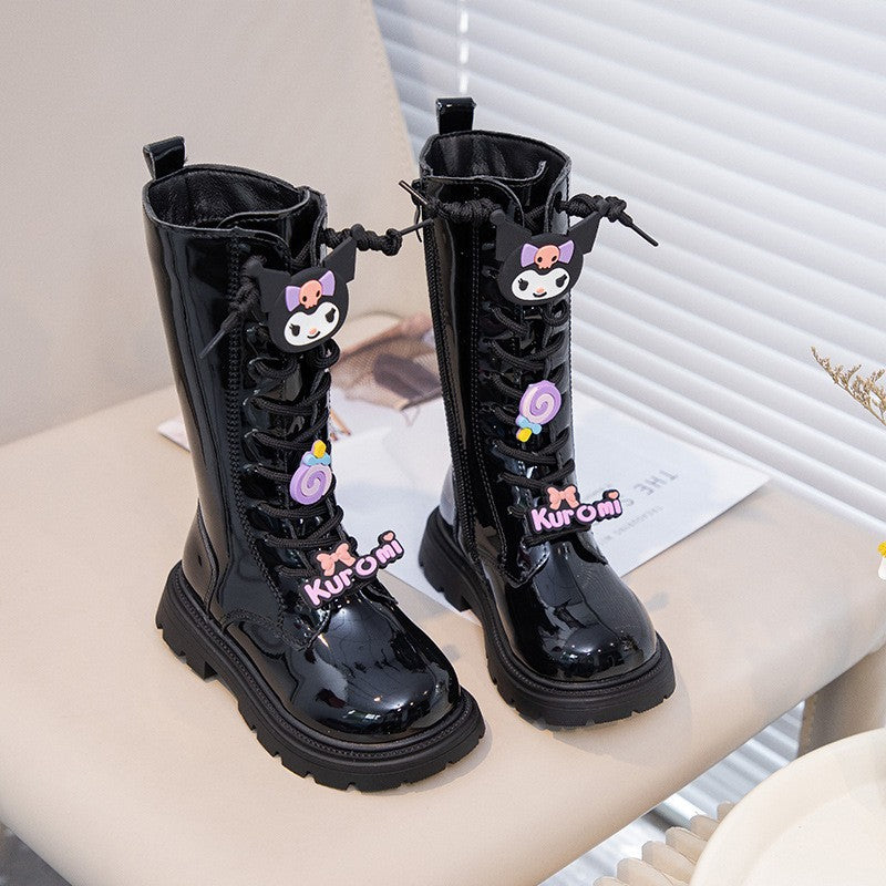 Girls' boots 2025 fall/winter fleece fashion black high boots Korean version of new Martin boots, princess boots leather boots