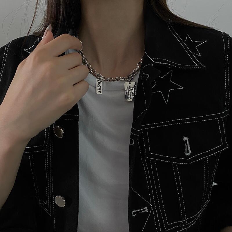 Simple square card pendant letter hip hop necklace women's summer cold wind double layered decorative clavicle chain accessories men
