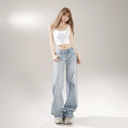 Free shippingAmerican retro low-waisted hottie loose wide-leg pants, versatile spring and summer straight jeans, women's trousers, plus daifa